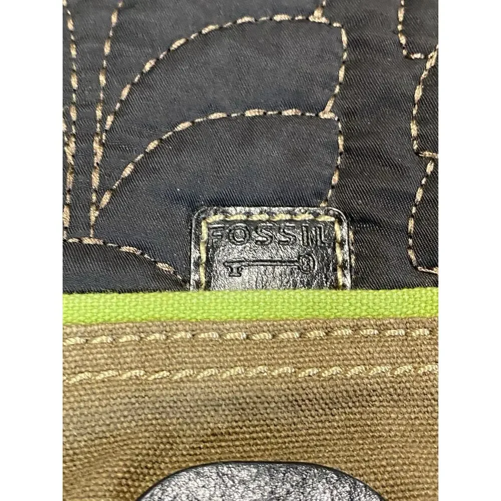 Fossil KeyPer Black Green Floral Quilted Padded Laptop Messenger Bag Crossbody